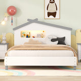 Full Size White/Gray Wood Platform Bed, House-Shaped Headboard, Night Lights