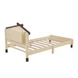 English Elm Twin Size Wood Platform Bed With House-Shaped Headboard and Motion Activated Night Lights (Cream+Walnut)