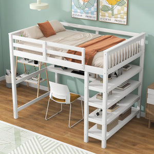 English Elm Full Solid Pine Loft Bed with Built-In Desk and Shelving, Space-Saving Design for Study & Sleep White GX000246AAK
