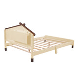 English Elm Full Size Wood Platform Bed With House-Shaped Headboard and Motion Activated Night Lights (Cream+Walnut)