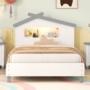 English Elm Twin Size Wood Platform Bed With House-Shaped Headboard and Motion Activated Night Lights (White+Gray)