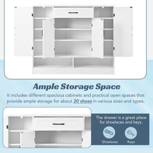 English Elm On-trend White Entryway Shoe Cabinet Grooved Doors Adjustable Shelves Sideboard WF304415AAK