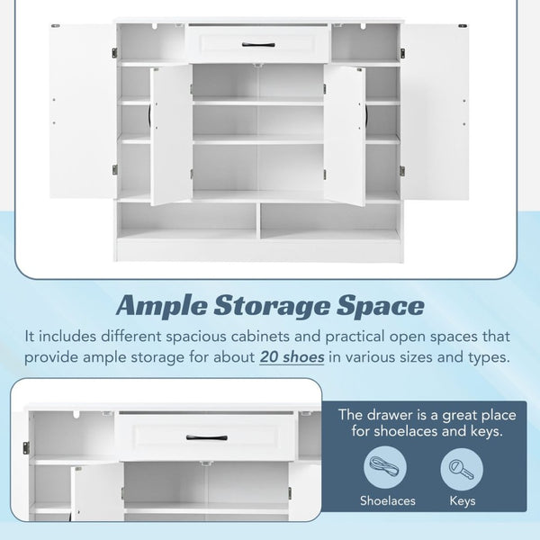 English Elm On-trend White Entryway Shoe Cabinet Grooved Doors Adjustable Shelves Sideboard WF304415AAK
