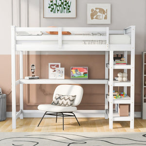 English Elm Twin Pine Loft Bed with Built-in Desk Open Shelves and Led Ambient Lighting GX000245AAK