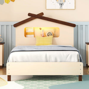 English Elm Twin Size Wood Platform Bed With House-Shaped Headboard and Motion Activated Night Lights (Cream+Walnut)