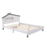 English Elm Full Size Wood Platform Bed With House-Shaped Headboard and Motion Activated Night Lights (White+Gray)