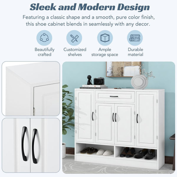 English Elm On-trend White Entryway Shoe Cabinet Grooved Doors Adjustable Shelves Sideboard WF304415AAK