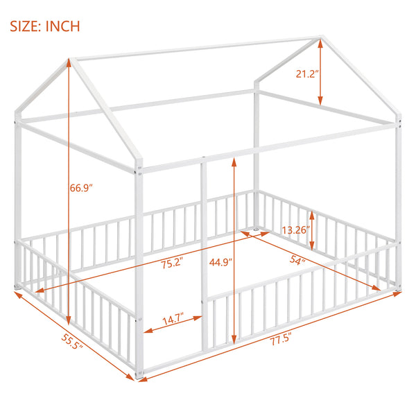 English Elm Full Metal House Bed Frame Full Size with Roof & Safety Fence, Sturdy Play-Sleep Space for Kids White MF304787AAK
