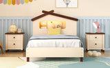 English Elm Twin Size Wood Platform Bed With House-Shaped Headboard and Motion Activated Night Lights (Cream+Walnut)