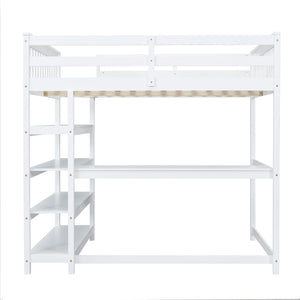 English Elm Full Solid Pine Loft Bed with Built-In Desk and Shelving, Space-Saving Design for Study & Sleep White GX000246AAK