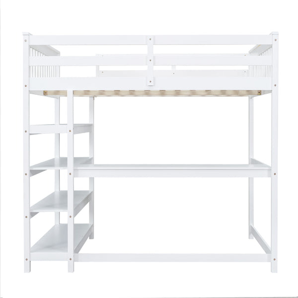 English Elm Full Solid Pine Loft Bed with Built-In Desk and Shelving, Space-Saving Design for Study & Sleep White GX000246AAK