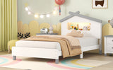 English Elm Twin Size Wood Platform Bed With House-Shaped Headboard and Motion Activated Night Lights (White+Gray)