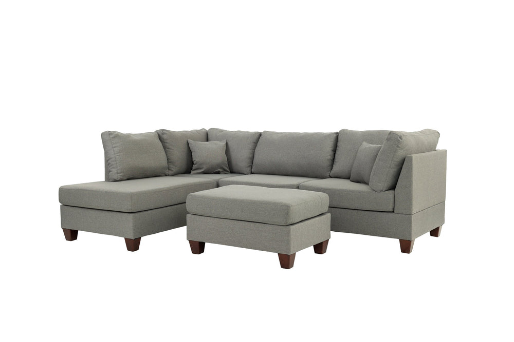 English Elm 3-PC Sectional in Gray Reversible Chaise Sofa & Ottoman Set 104"W Linen-Like Fabric Wood Frame Durable B089S00116