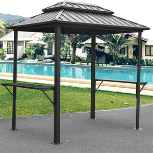 English Elm Grill Outdoor 8'×6' Aluminum BBQ Gazebo with Double Roof, Shelves & Serving Tables for Patio Deck Grey W1859S00038