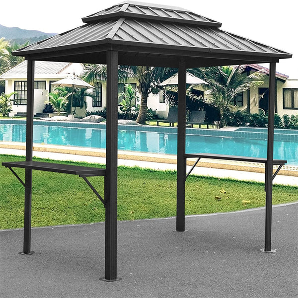 English Elm Grill Outdoor 8'×6' Aluminum BBQ Gazebo with Double Roof, Shelves & Serving Tables for Patio Deck Grey W1859S00038