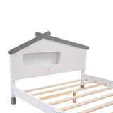 English Elm Full Size Wood Platform Bed With House-Shaped Headboard and Motion Activated Night Lights (White+Gray)