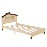 English Elm Twin Size Wood Platform Bed With House-Shaped Headboard and Motion Activated Night Lights (Cream+Walnut)