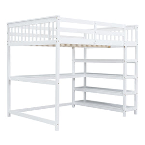 English Elm Full Solid Pine Loft Bed with Built-In Desk and Shelving, Space-Saving Design for Study & Sleep White GX000246AAK