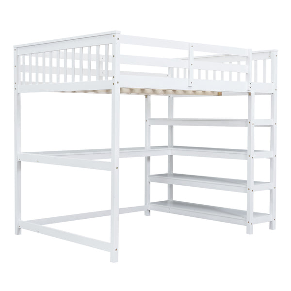 English Elm Full Solid Pine Loft Bed with Built-In Desk and Shelving, Space-Saving Design for Study & Sleep White GX000246AAK
