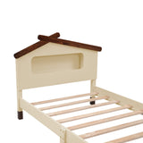 English Elm Twin Size Wood Platform Bed With House-Shaped Headboard and Motion Activated Night Lights (Cream+Walnut)