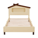 English Elm Twin Size Wood Platform Bed With House-Shaped Headboard and Motion Activated Night Lights (Cream+Walnut)