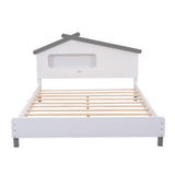 English Elm Full Size Wood Platform Bed With House-Shaped Headboard and Motion Activated Night Lights (White+Gray)