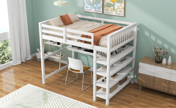 English Elm Full Solid Pine Loft Bed with Built-In Desk and Shelving, Space-Saving Design for Study & Sleep White GX000246AAK