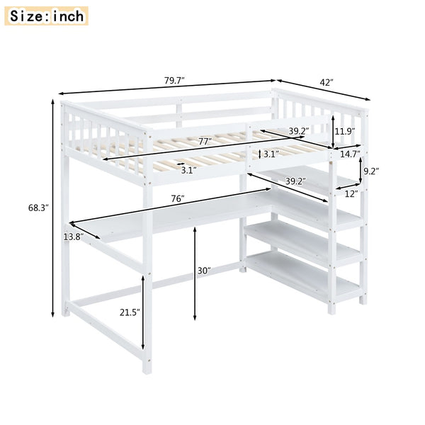 English Elm Twin Pine Loft Bed with Built-in Desk Open Shelves and Led Ambient Lighting GX000245AAK