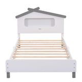 English Elm Twin Size Wood Platform Bed With House-Shaped Headboard and Motion Activated Night Lights (White+Gray)