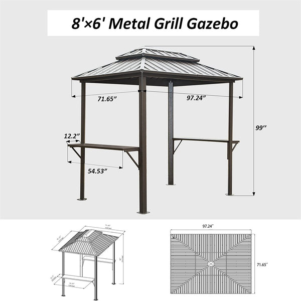 English Elm Grill Outdoor 8'×6' Aluminum BBQ Gazebo with Double Roof, Shelves & Serving Tables for Patio Deck Brown W1859S00037