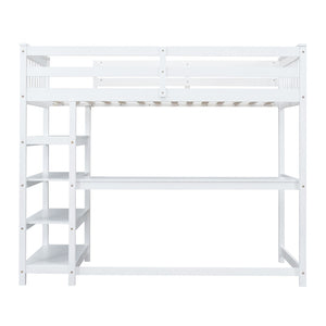 English Elm Twin Pine Loft Bed with Built-in Desk Open Shelves and Led Ambient Lighting GX000245AAK