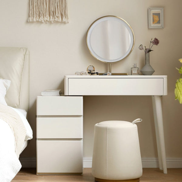 English Elm (with Stool) Solid Wood Vanity Desk White Finish Compact Bedroom Organizer Drawers W1283S00003