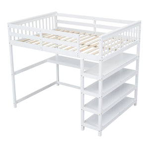 English Elm Full Solid Pine Loft Bed with Built-In Desk and Shelving, Space-Saving Design for Study & Sleep White GX000246AAK