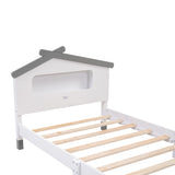 English Elm Twin Size Wood Platform Bed With House-Shaped Headboard and Motion Activated Night Lights (White+Gray)