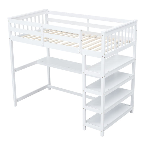 English Elm Twin Pine Loft Bed with Built-in Desk Open Shelves and Led Ambient Lighting GX000245AAK