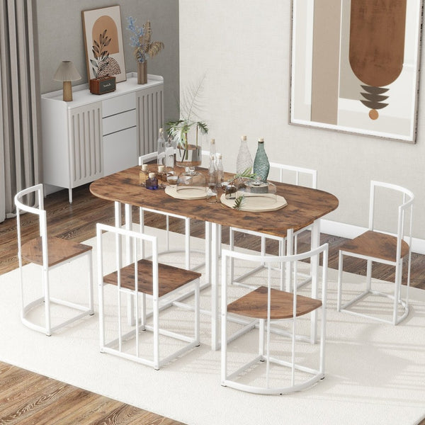 English Elm Topmax Faux Marble 7 Piece Dining Set Seats Six with Iron Frame Modern Glam Appeal White N717S000017K