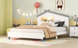 English Elm Full Size Wood Platform Bed With House-Shaped Headboard and Motion Activated Night Lights (White+Gray)