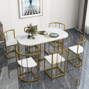 English Elm Topmax Faux Marble 7 Piece Dining Set Seats Six with Iron Frame Modern Glam Appeal Golden+White N717S000017G