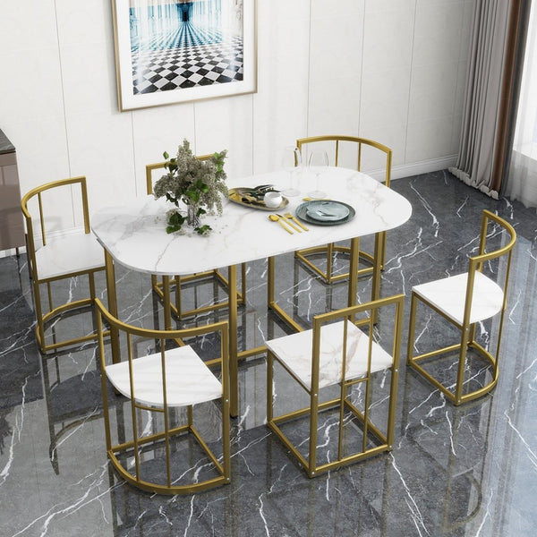 English Elm Topmax Faux Marble 7 Piece Dining Set Seats Six with Iron Frame Modern Glam Appeal Golden+White N717S000017G