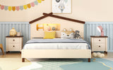 English Elm Full Size Wood Platform Bed With House-Shaped Headboard and Motion Activated Night Lights (Cream+Walnut)