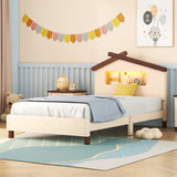 English Elm Twin Size Wood Platform Bed With House-Shaped Headboard and Motion Activated Night Lights (Cream+Walnut)