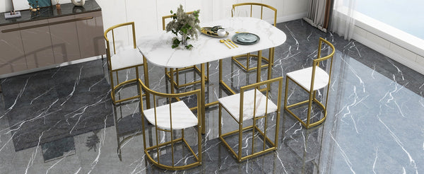 English Elm Topmax Faux Marble 7 Piece Dining Set Seats Six with Iron Frame Modern Glam Appeal Golden+White N717S000017G