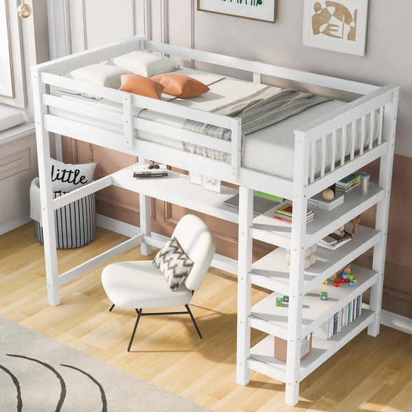 English Elm Twin Pine Loft Bed with Built-in Desk Open Shelves and Led Ambient Lighting GX000245AAK