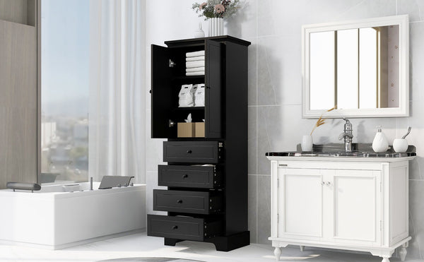 English Elm Storage Cabinet with 2 Doors and 4 Drawers, Slim MDF Organizer with Adjustable Shelf, Anti-Tip Safety Black WF302825AAB