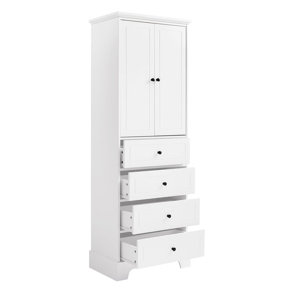 English Elm Storage Cabinet with 2 Doors and 4 Drawers, Slim MDF Organizer with Adjustable Shelf, Anti-Tip Safety White WF302825AAK