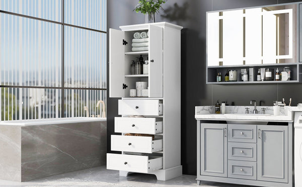 English Elm Storage Cabinet with 2 Doors and 4 Drawers, Slim MDF Organizer with Adjustable Shelf, Anti-Tip Safety White WF302825AAK