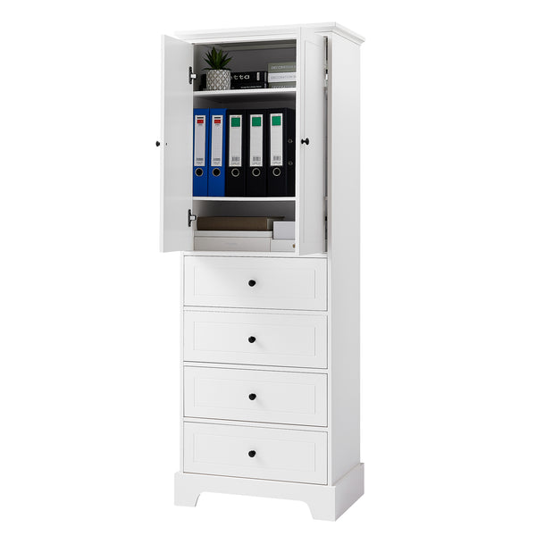 English Elm Storage Cabinet with 2 Doors and 4 Drawers, Slim MDF Organizer with Adjustable Shelf, Anti-Tip Safety White WF302825AAK