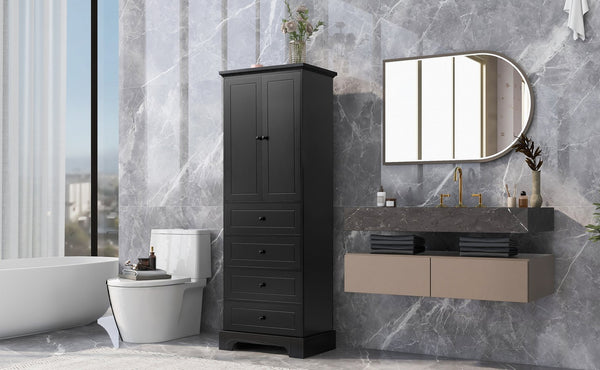 English Elm Storage Cabinet with 2 Doors and 4 Drawers, Slim MDF Organizer with Adjustable Shelf, Anti-Tip Safety Black WF302825AAB