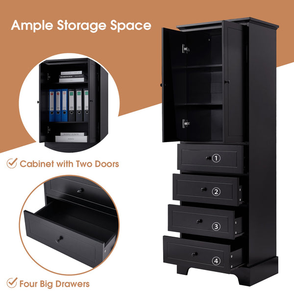 English Elm Storage Cabinet with 2 Doors and 4 Drawers, Slim MDF Organizer with Adjustable Shelf, Anti-Tip Safety Black WF302825AAB