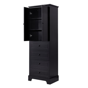 English Elm Storage Cabinet with 2 Doors and 4 Drawers, Slim MDF Organizer with Adjustable Shelf, Anti-Tip Safety Black WF302825AAB